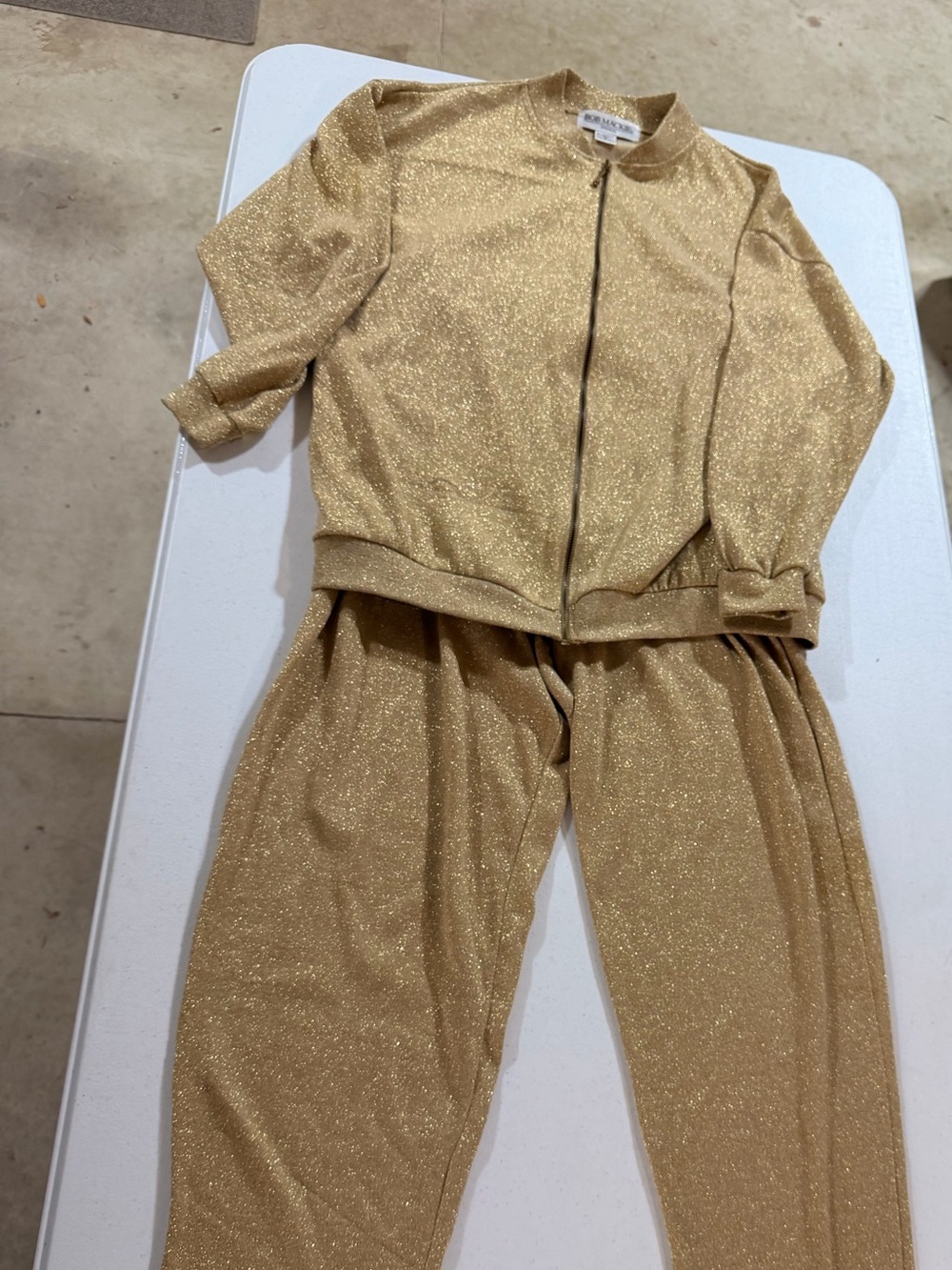 Bob Mackie Womens Gold Glitter Zip Pajama Set